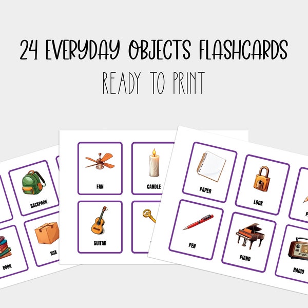 24 Everyday Objects Flash Cards, Preschool Printables, Montessori Flash Cards for Kids, Homeschool Educational Prints, Learn Everyday Object