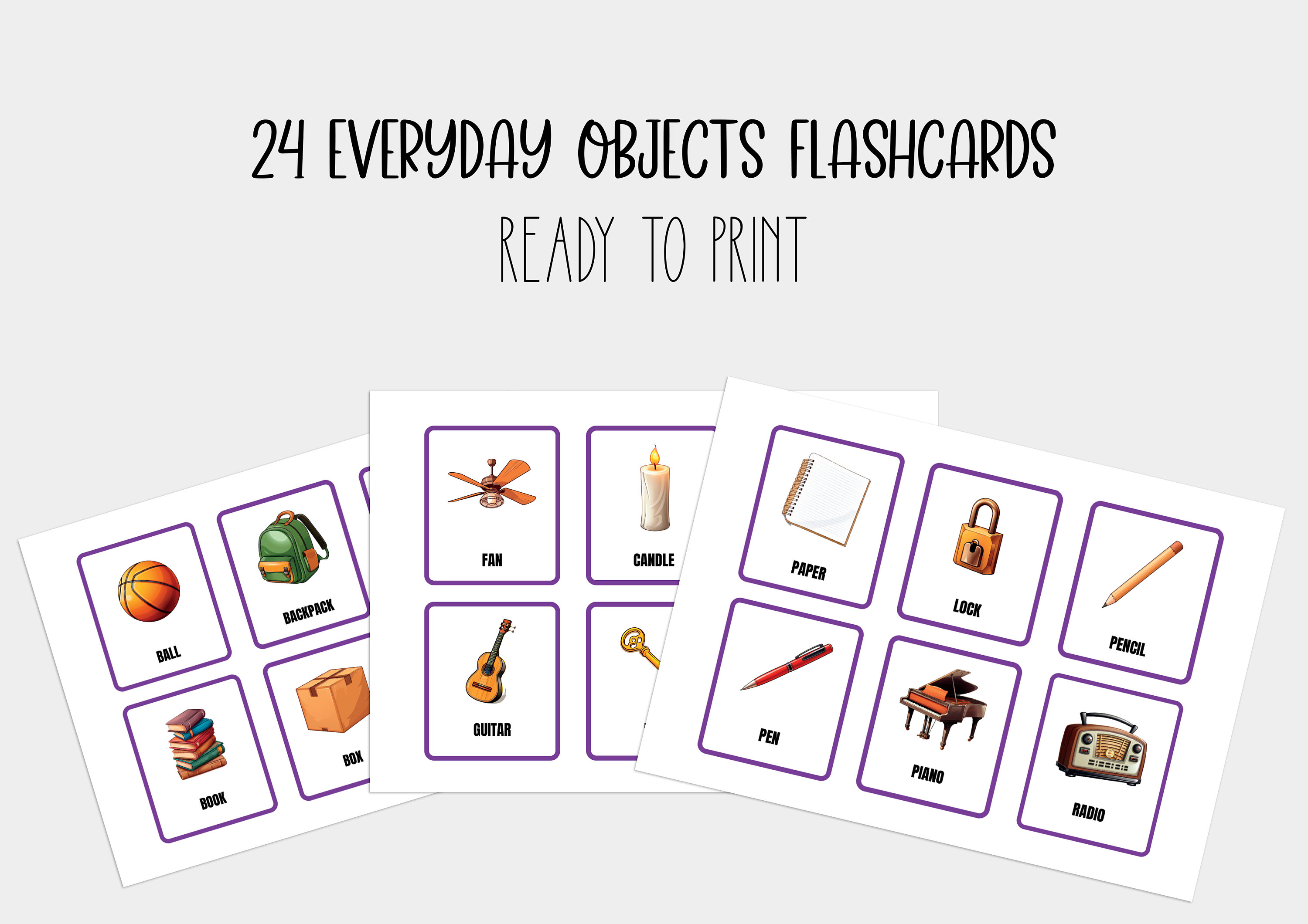 24 Everyday Objects Flash Cards, Preschool Printables, Montessori Flash ...