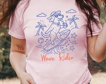 Camiseta Wave Rider, camiseta de praia para cachorro surfista, camiseta para amantes do oceano, presente de férias, roupa de verão para surfistas, férias de verão, roupas Y2K, vida de surfe