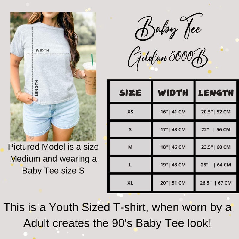 May include: A size chart for a youth-sized t-shirt, also known as a "baby tee", made by Gildan. The chart shows the width and length measurements in inches and centimeters for sizes XS, S, M, L, and XL.