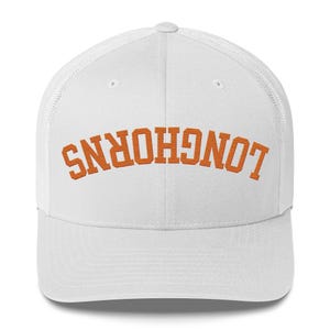 Unisex Embroidered Texas Longhorns Trucker Hat – Upside Down Letters – Burnt Orange Mesh Cap