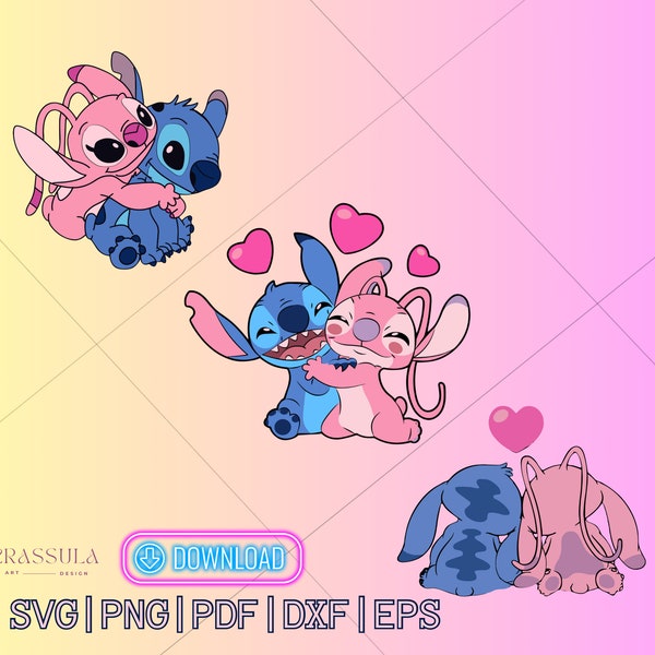 Stitch e Angel Bundle SVG, Stitch e Angel Knuffel, San Valentino, stampabile, per Cricut, per laser, file in formato svg, png, dxf, pdf, eps tagliati