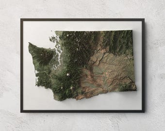 May include: A framed topographic map of Washington state featuring a detailed satellite view of the terrain. The map displays deep green forests, rugged mountain ranges, and arid brown landscapes, all set against a clean white background.
