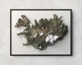 May include: A framed three-dimensional relief map of Iceland featuring textured terrain in shades of dark green, brown, and grey, with prominent white raised areas representing glaciers and snow-capped mountain peaks against a white background.
