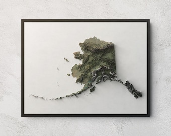 May include: A framed wall art piece featuring a three-dimensional, topographical relief map of Alaska. The map displays detailed terrain textures in shades of green, brown, and white, set against a plain white background within a thin black frame.