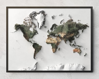 May include: A framed wall art piece featuring a three-dimensional relief map of the world. The continents are rendered in shades of green, brown, and tan, while the polar regions and ice caps are depicted in bright white against a white background.