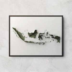 Puede incluir: Una pieza de arte mural enmarcada que presenta un mapa topográfico tridimensional de Indonesia. La masa terrestre está representada en tonos verde oscuro y texturizada para mostrar la elevación, sobre un fondo blanco en un marco negro.