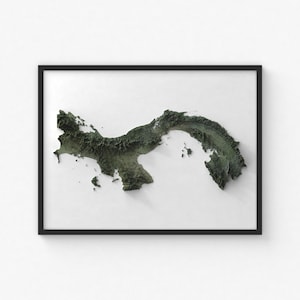May include: A framed 3D relief map of Panama, showcasing the country's topography in shades of green and brown. The map is set against a white background and enclosed within a black frame, creating a striking visual contrast.