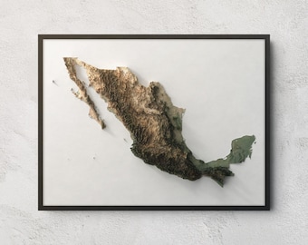 May include: A framed three-dimensional relief map of Mexico displayed on a white background. The map features detailed topographical textures in shades of brown, tan, and green, highlighting the mountain ranges and terrain across the country.