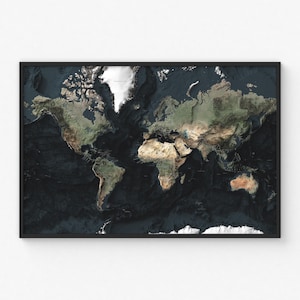 May include: A framed world map print. The map features a detailed, topographical view of the Earth, with landmasses in shades of green, brown, and tan, and oceans in dark blue. The frame is black.