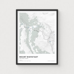 May include: A framed topographic map print of Mount Bierstadt in the Front Range, Colorado. The map features a black trail line over gray and white terrain, with text stating Mount Bierstadt, 14,065 ft, 7.3 mi, and 2,850 ft gain.