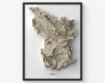 May include: A framed topographic map of Arches National Park in Utah. The map is in shades of brown and white, with the park's boundaries outlined in black. The text "ARCHES NATIONAL PARK" is printed at the bottom of the map.