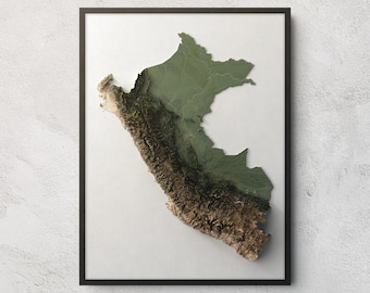 Pode incluir: Uma peça de arte de parede emoldurada com um mapa topográfico tridimensional do Peru. O mapa exibe as cadeias de montanhas castanhas e acidentadas dos Andes em contraste com as planícies verdes da bacia amazónica, sobre um fundo branco.