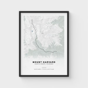 May include: A black and white map of Mount Harvard in the Sawatch Range, Colorado. The map shows the trail from the South Slopes to the summit, with the elevation and distance marked. The text "MOUNT HARVARD" and "SAWATCH RANGE, COLORADO" is printed in black at the bottom of the map.
