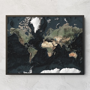 May include: A framed world map print featuring a dark navy blue ocean background with high-contrast, textured landmasses in shades of green, brown, and tan. The polar regions are depicted in bright white, creating a distinct topographical effect.