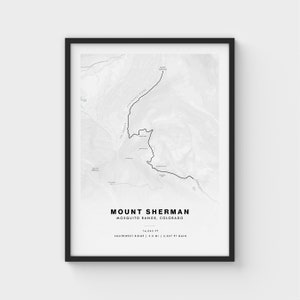 May include: A black and white map of Mount Sherman in the Mosquito Range, Colorado. The map shows the Southwest Ridge trail, which is 5.0 miles long and has a 3,037 foot elevation gain. The summit of Mount Sherman is 14,043 feet above sea level.