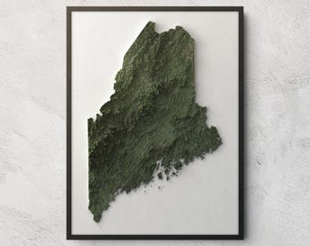 May include: A framed wall art piece featuring a three-dimensional topographic map of the state of Maine. The map is rendered in deep forest green tones, highlighting the rugged terrain and elevation changes against a plain white background.