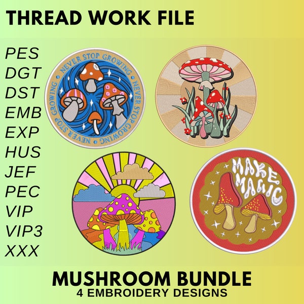 4 mushroom embroidery designs bundle. Pack of embroidery machine files.