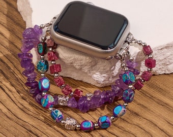 Bracelet pour Apple Watch • Bracelet pour Apple Watch en améthyste naturelle • Bracelet pour Apple Watch • 38 mm 40 mm 41 mm 42 mm 44 mm 45 mm • Série 9-1 • Cristal pour femme