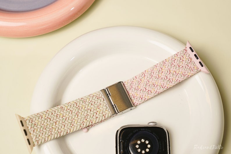 Apple Watch Band Woven Bicolor Handcrafted Watch Strap Compatible 38mm-41mm, 42mm-45mm Series 1-9 SE For Wrist Strap Pink Sand