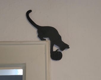 Black Cat Door Frame Decor Halloween | Pumpkin Cat Silhouette for Door Panel / Mirror / Picture Frame Funny Cat Lover