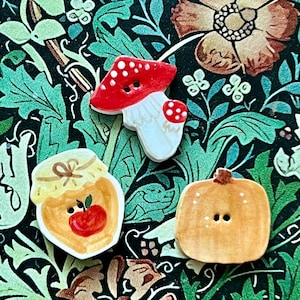 Puede incluir: Un conjunto de botones de cerámica caprichosos que incluyen un hongo rojo con puntos blancos, un tarro de miel con una manzana roja y una pequeña calabaza naranja. Los botones están colocados sobre un fondo oscuro con hojas verdes y flores marrones.