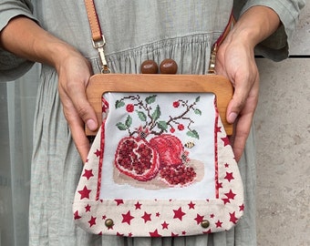 Handmade shoulder bag with cross stitched Pomegranate, wooden clasp, crossbody