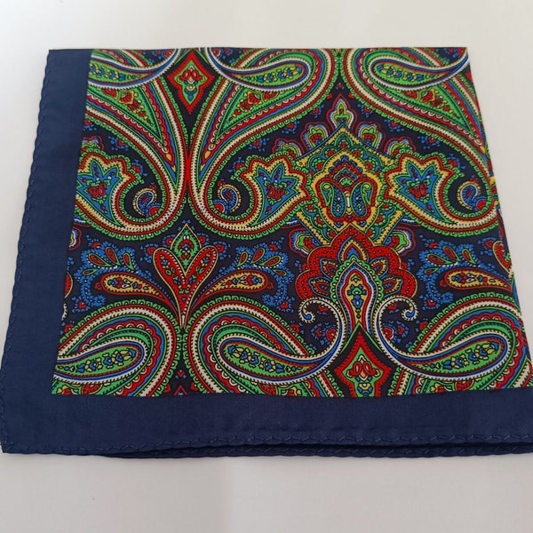 Large pocket square, 33x33cm, silky and dark blue satin with retro vintage fantasy prints