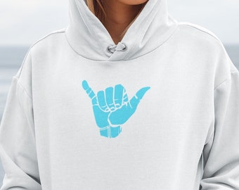 Shaka, bluza z kapturem Hang Loose Teal - rozprzestrzeniająca wibracje Aloha.