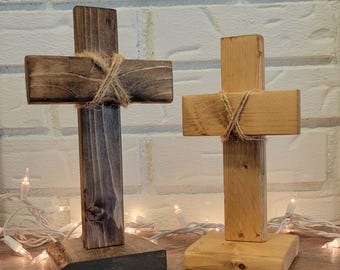 Free Standing Wooden Cross, Pine Wood Christian Decor, Dark Walnut or Golden Oak Stain