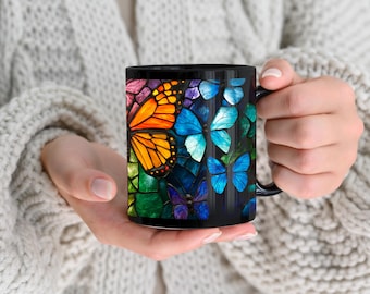 Mok gebrandschilderd glas vlinders, glas-in-lood, keramische mok, vlinders verjaardagscadeau, vlinder minnaar cadeau, decor glas-in-lood, zwarte mok
