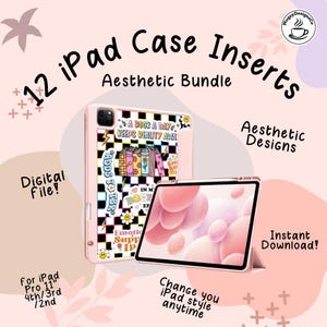 May include: Pink iPad case inserts with aesthetic designs. The image shows an iPad with a case featuring a black and white checkered pattern and stickers. Text includes "12 iPad Case Inserts," "Aesthetic Bundle," and "Instant Download!"