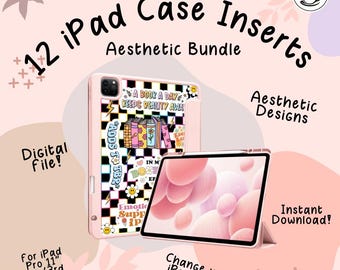 Puede incluir: Insertos de funda para iPad rosas con diseños estéticos. La imagen muestra un iPad con una funda con un patrón de cuadros en blanco y negro y pegatinas. El texto incluye "12 iPad Case Inserts", "Aesthetic Bundle" y "¡Descarga instantánea!"