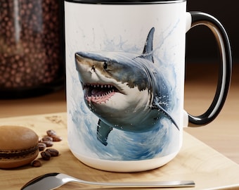 Taza de tiburón, 15 oz, regalo de tiburón, taza para fanáticos de los tiburones, regalo para fanáticos de los tiburones, taza para amantes de los tiburones, regalo para amantes de los tiburones, taza de tiburón blanco, regalo de tiburón blanco