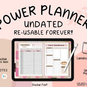 Power Planner Undated | Landscape Digital Planner | Hyperlinked | GoodNotes, Noteshelf & more | Apple, Android | Extra templates