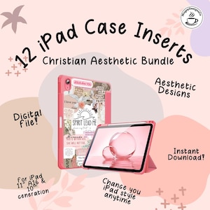 Puede incluir: Un paquete digital de 12 insertos para fundas de iPad con diseños estéticos cristianos. La imagen muestra una funda rosa para iPad con un inserto de collage que incluye textos como Spirit Lead Me y Jesus Loves You, junto a una tablet rosa.