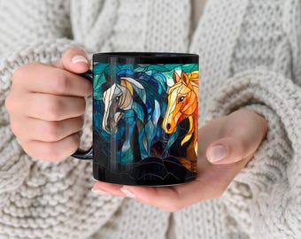 ステンドグラスの馬のマグカップ、ステンドグラス、パターンアートプリント、セラミックマグ、馬の誕生日プレゼント、馬好きへのギフト、ステンドグラスの装飾、ブラックマグ