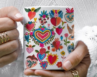 Mexican Hearts Mug,Colorful Hearts Mexican Mug, Mug Collector, Cultural Heritage,Coffee Fiesta, Tea Mug,Morning Coffee, Gift,Valentines Gift