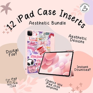 May include: Pink iPad case inserts bundle with the text "12 iPad Case Inserts Aesthetic Bundle". The case features stickers with the text "Girlie", "Romance Girlie", and "I'm just". The image also includes an iPad with a pink background.