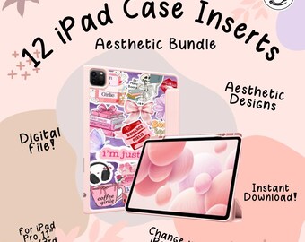 Puede incluir: Paquete de inserciones para funda de iPad rosa con el texto "12 iPad Case Inserts Aesthetic Bundle". La funda presenta pegatinas con el texto "Girlie", "Romance Girlie" e "I'm just". La imagen también incluye un iPad con un fondo rosa.