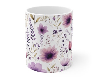 Lila vildblommiga kaffemugg, blomstermugg, bohemisk vildblommig kaffemugg, vintage botanisk tekopp, pastellblommig naturmugg,