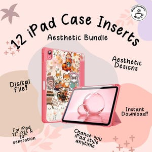 Może przedstawiać: Cyfrowy zestaw 12 wkładek do etui na iPada z jesiennymi ilustracjami lisów, książek, dyń i kawy. Zestaw zawiera tekst 12 iPad Case Inserts, Aesthetic Bundle, Digital File, Aesthetic Designs oraz Instant Download.