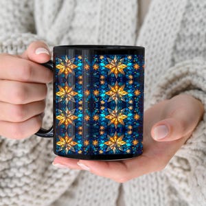 Celestial Stars Mug, Stained Glass Patterns, Art Print, Ceramic Mug ,Celestial Birthday, Space Lover Gift ,Stained Glass Decor, Black Mug