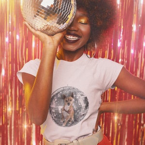 Y2K-inspired Disco Ball Pet Portrait T-shirt Custom Retro Disco Ball Baby Tee Y2k Custom Shirt 90s Pet Mirror Balls Baby Tee Retro Shirting