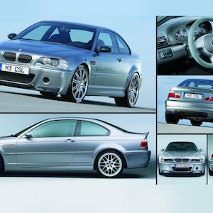 May include: A silver BMW M3 CSL sports car is shown from multiple angles. The car has a black grille with the text "M3 CSL" in the center. The car has black wheels and a black interior.