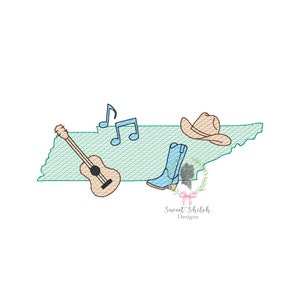 May include: An outline of the state of Tennessee with a guitar, cowboy hat, cowboy boot, and musical notes. The text "Sweet Shiloh Designs" is at the bottom of the image.