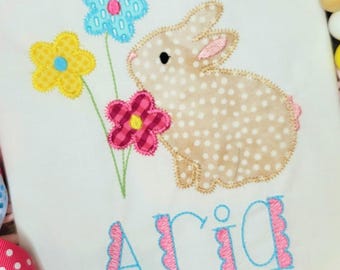 Bunny with Flowers Zigzag Applique Design, Baby Rabbit with Flowers Embroidery Machine File, Spring Bunny Embroidery, Easter Zigzag Stitch