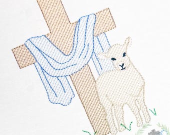 Easter Cross and Lamb Sketch Design, He is Risen Embroidery Machine File, Spring Lamb Embroidery, Christian Easter Sketch Stitch Embroidery