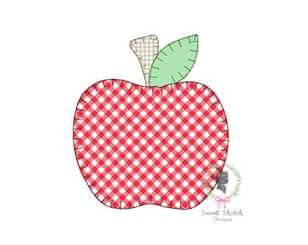 Puede incluir: Manzana de gingham roja y blanca con un tallo marrón y beige y hojas verdes. Sweet Shiloh Designs.