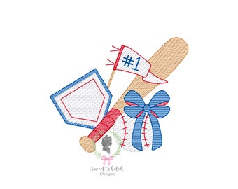 Sketch Baseball with Bow Embroidery Design, Softball Home Plate Sketch Design, Baseball Bat Machine Embroidery, Baseball Pennant Sketch File